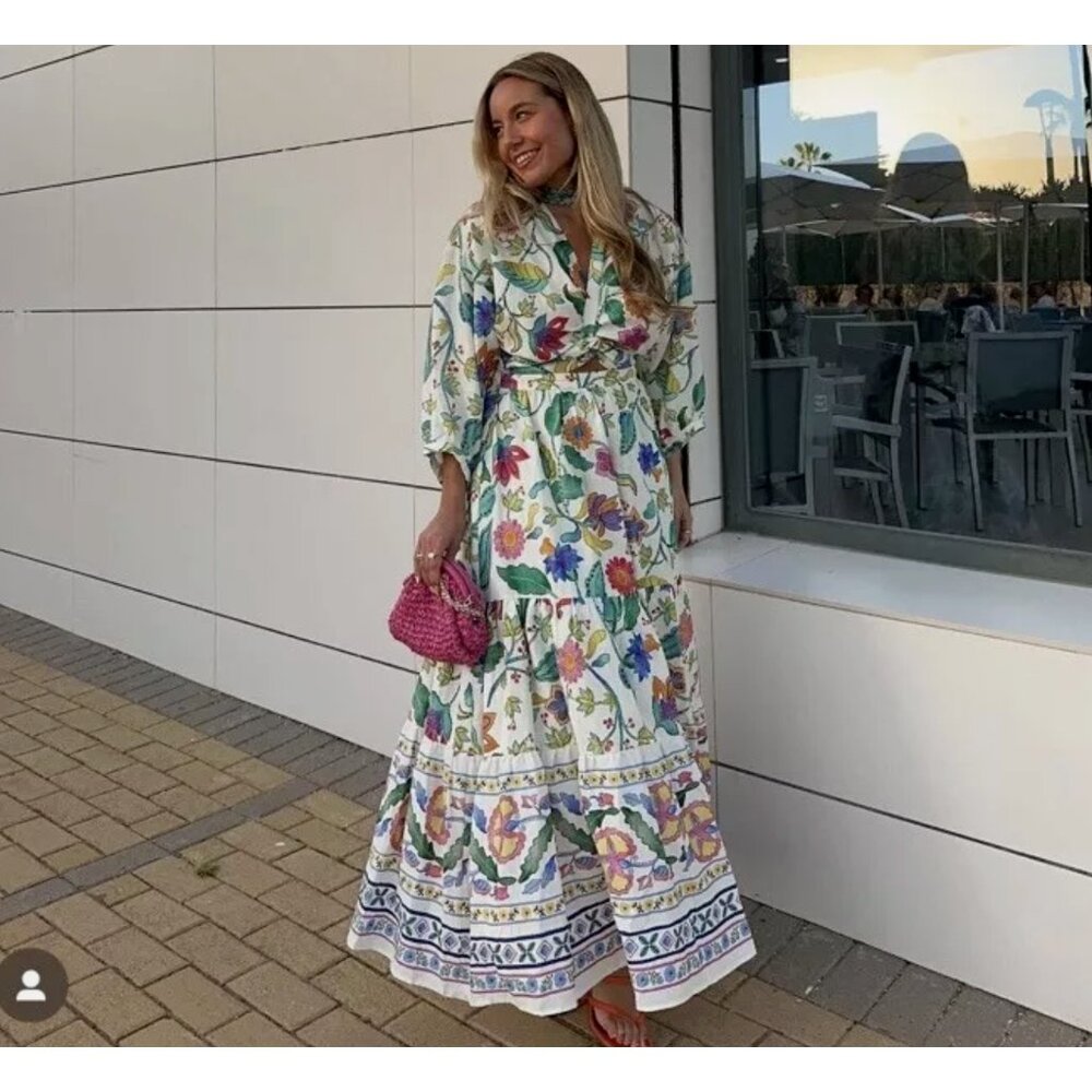 ZARA WOMAN PRINTED LINEN BLEND KNOTTED DRESS MULTICOLORED | 3313/478 S NWT